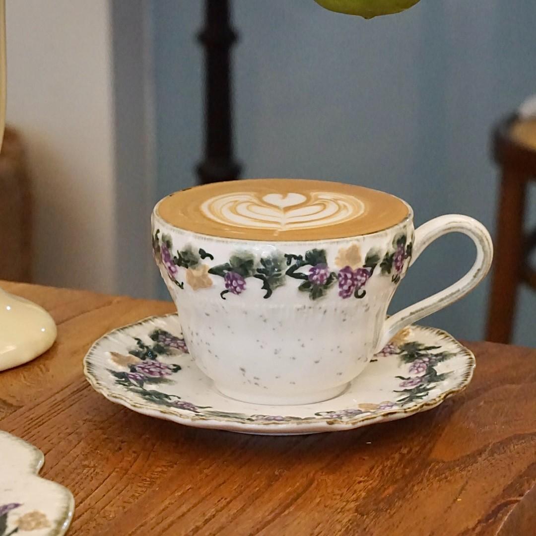 Gift for her Handmade ceramic coffee cup & saucer set  Vintage Romantic 🍇 Embossed Grape Cappuccino cup Set, Glazed Ceramic Breakfast Mug Aesthetic ☕ 🥐 🍰 , Water Cup, Afternoon Tea Coffee mug with saucer  💜
