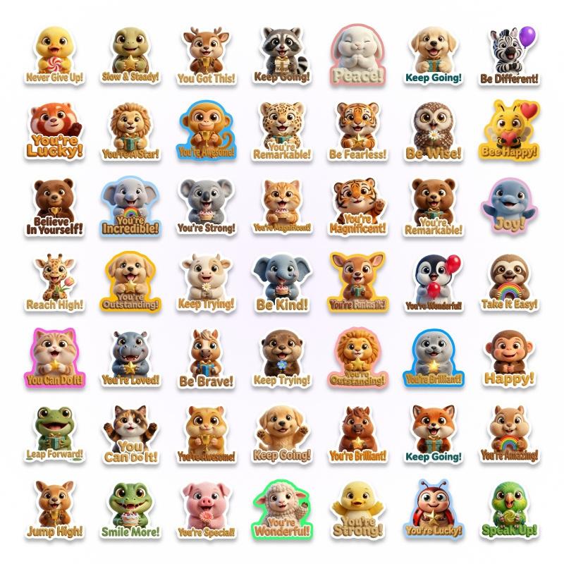 New 50-sheet set of 3D cartoon cute and adorable pet positive slogan stickers for waterproof cups and notebook decorative stickers