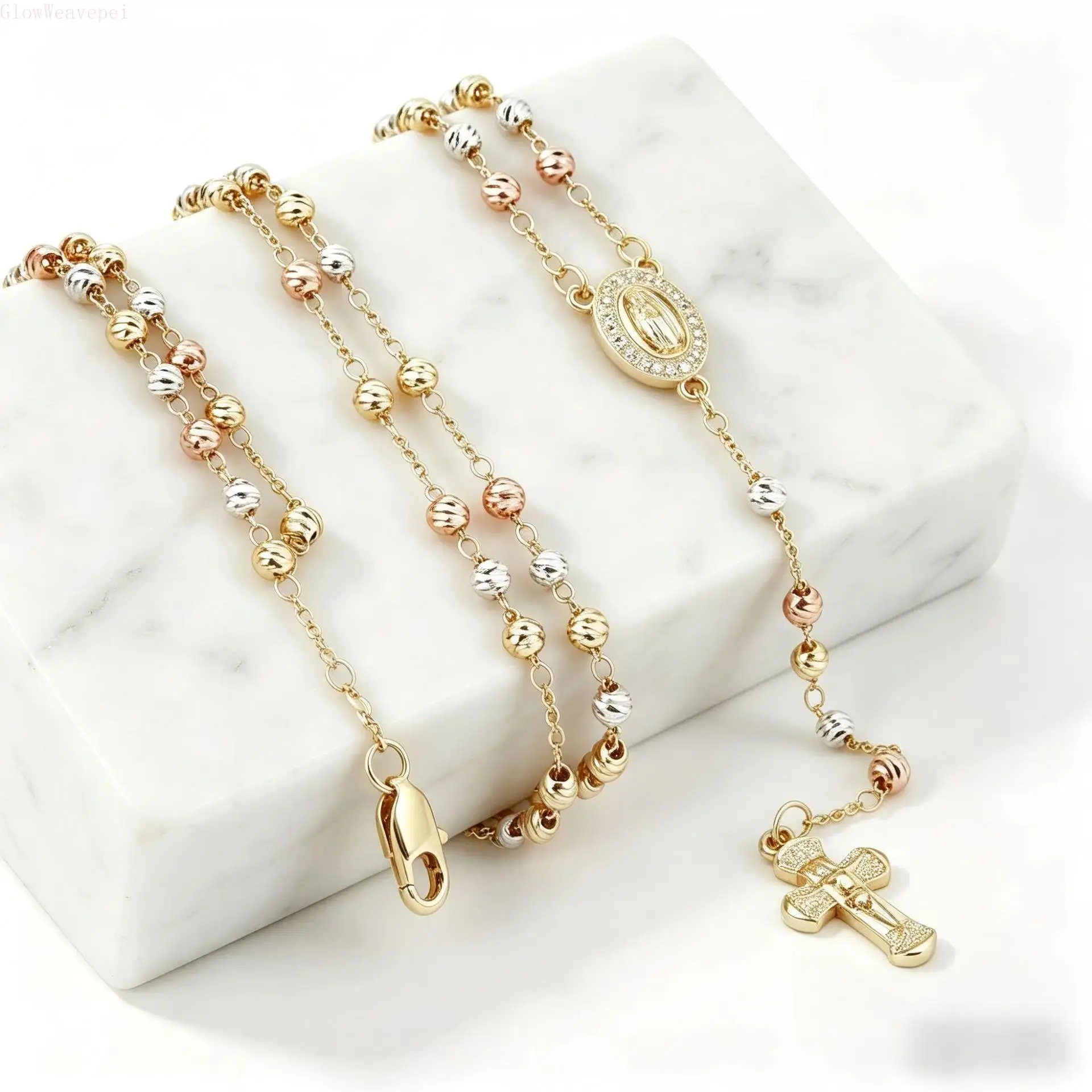 14k Virgin Mary Rosary Necklace for Women, Tri Color Beaded Catholic Prayer Necklace with Cross Pendant, Gold Silver Rose Gold Tone Religious Jewelry, Long Faith Necklace for Daily Wear, Church, Prayer and Meaningful Gift