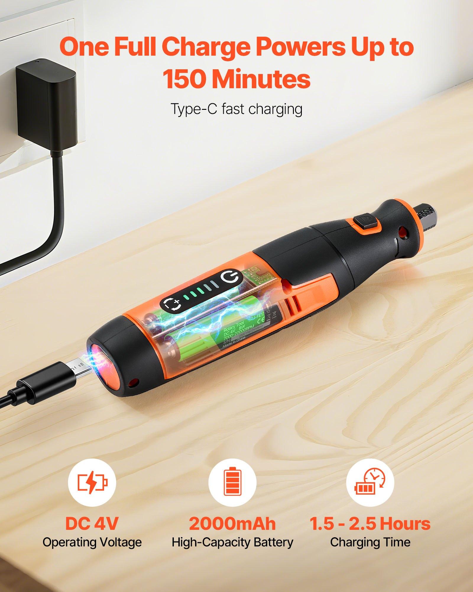 VEVOR 73-Piece 4V Cordless Adjustable Speed Rotary Kit, 6.38x1.38x1.57 in Portable Mini Power Tool with 5-Level 7000-20000 RPM, Fast Charging for Pet Furniture Engraving, Sanding, Cutting, Ergonomic