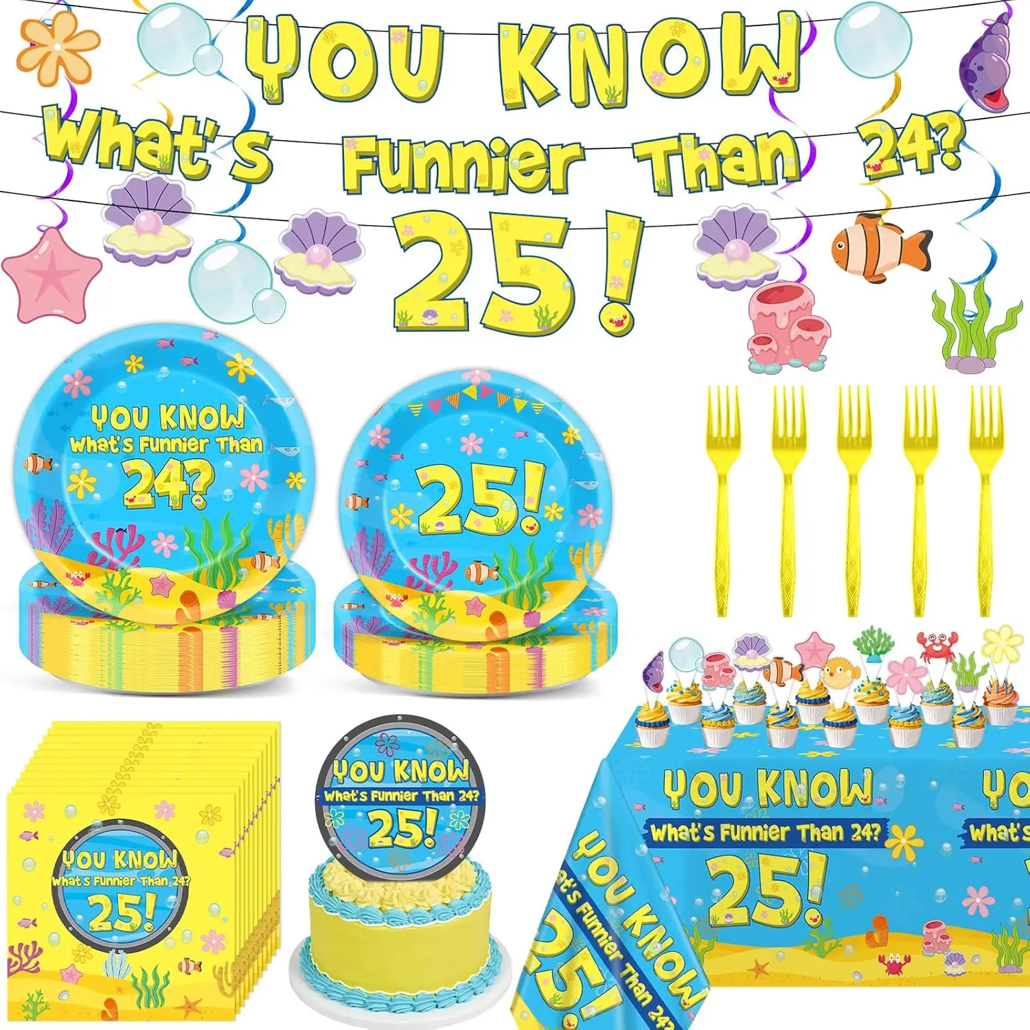 Yellow Cartoon 25th Birthday Decorations Whats Funnier Than 24 25 Plates Napkins Tablecloth Birthday Banner Ocean Animal Hanging Swirls Cupcake Toppers for 25 Years Old Under The Sea Party Supplies