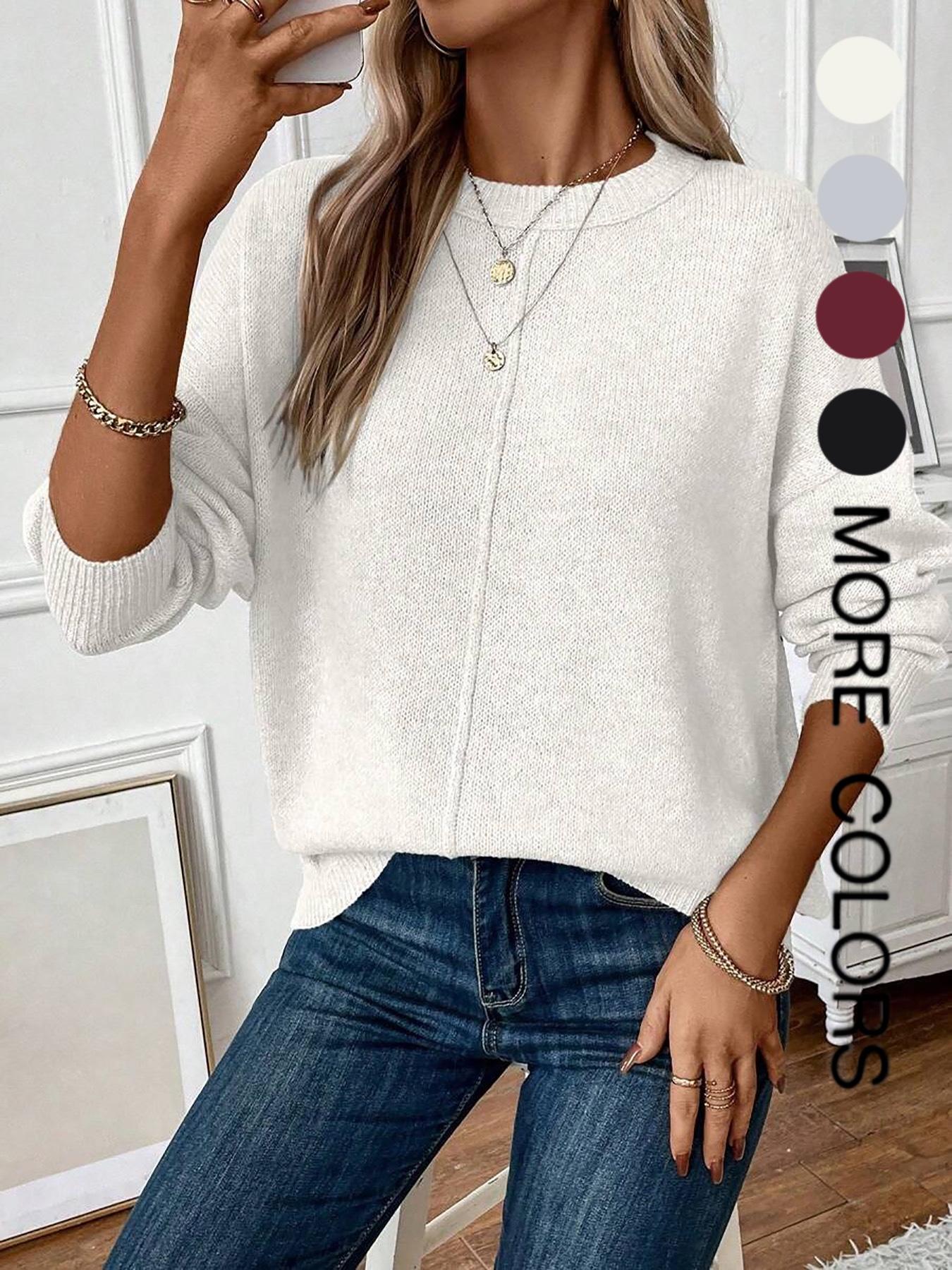 Women's Fall Winter Casual Fitted Knit Sweater, Round Neck Long Sleeve Pullover, Fashionable Simple Style, Versatile & Elegant Design Womenswear