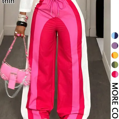 Women's Colorblock Wide Leg Sweatpants, Stylish Patchwork Fleece Joggers, Comfortable & Trendy Casual Lounge Pants, Soft Brushed Fleece Fabric, Runs small, recommend sizing up