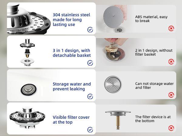 3-in-1 Pop-up Sink Stopper - 1 Pack Chrome, Visible Top Hair Catcher, Detachable Stainless Steel Filter Basket, Fits 1.5-2.4in Standard Holes, Modern Bathroom Fixture, Bathroom Gadgets