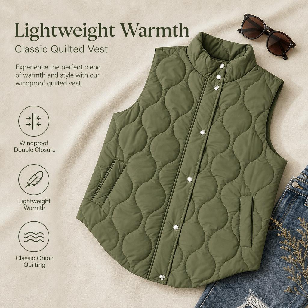 Yodutry Women's Loose Fit Lightweight Puffer Vest, Quilted Sleeveless Jacket with Zip & Button Closure, Stand Collar Winter Outerwear Coat