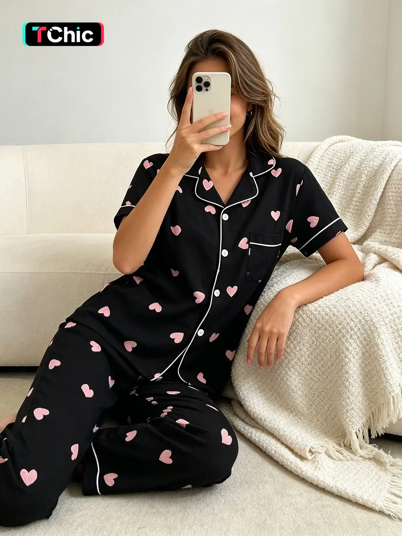 Women's Short Sleeve Button Down Top and Pants Pajama Set, All Season Wear, Casual, For Elegant Ladies, Black Base Classy Heart Print, Classic Lapel Collar, Loose Fit, Comfortable For WFH & Errands, Casual Loungewear Sets