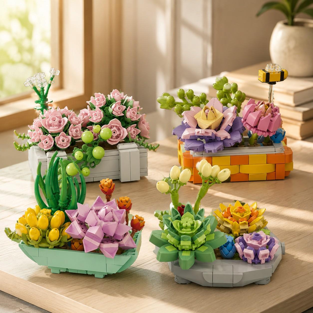 4 PC Micro Building Blocks Succulent Collection, Building Block Flowers, Floral Display Style, Four Decorative Plant Designs with Vivid Colors and Mini Pieces, Relaxing DIY Toy for Home Office Shelf Decor, Christmas Gift, Collectible Model
