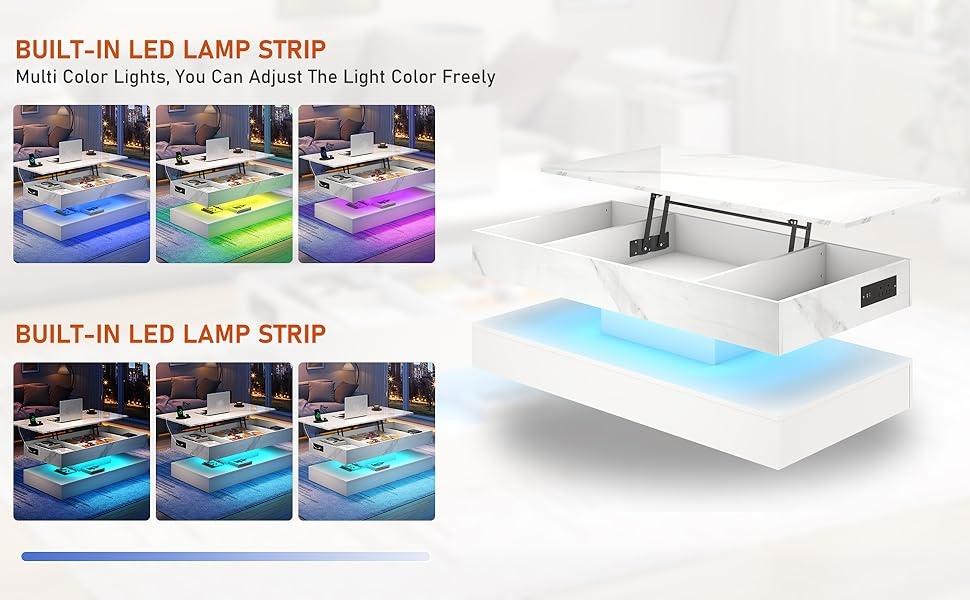 47.2" Large Lift Top Coffee Table with Charging Station, LED Modern High Glossy Center Table with Hidden Compartment Storage, White Lift Living Room Tables with Marbling Print