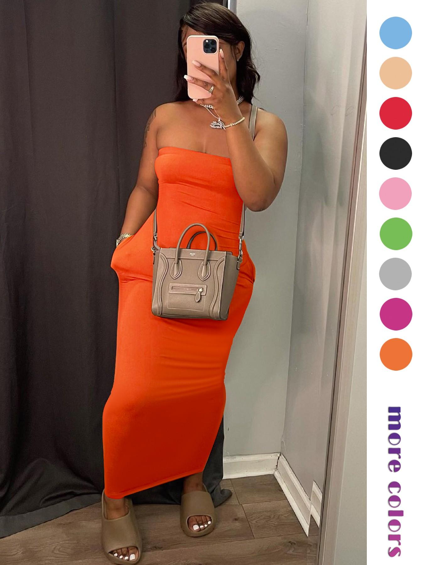 Women's 2026 Summer Tube Top Bodycon Maxi Dress, Sleeveless Ruched Backless Long Dress with Pockets, Stretchy Casual Going Out Vacation Party Dress for Women, Multiple Colors Available Women's 2026 Summer Tube Top Bodycon Maxi Dress, Sleeveless Ruched Backless Long Dress with Pockets, Stretchy Casual Going Out Vacation Party Dress for Women, Multiple Colors Available