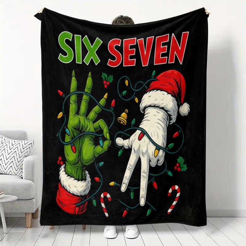 Personalized Christmas Number 67 Flannel Blanket, Grinch Gesture Decorative Warm Home Blanket, Ideal for Home Office Travel Camping