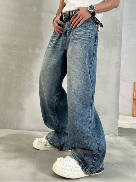 Men's Loose-Fit Tie-Dye Denim Jeans, Y2K Style Casual Straight Leg Pants, All-Season Fashionable Zipper Fly Design