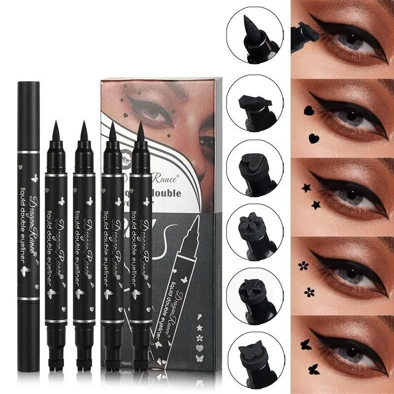 2‑in‑1 Double Ended Liquid Eyeliner Pen, Thin Tip Eyeliner with Multi‑Pattern Stamps, Heart Star Flower Butterfly Makeup Stamps for DIY Eye Decorations, Creative Makeup Tool for Party & Daily Makeup Lovers