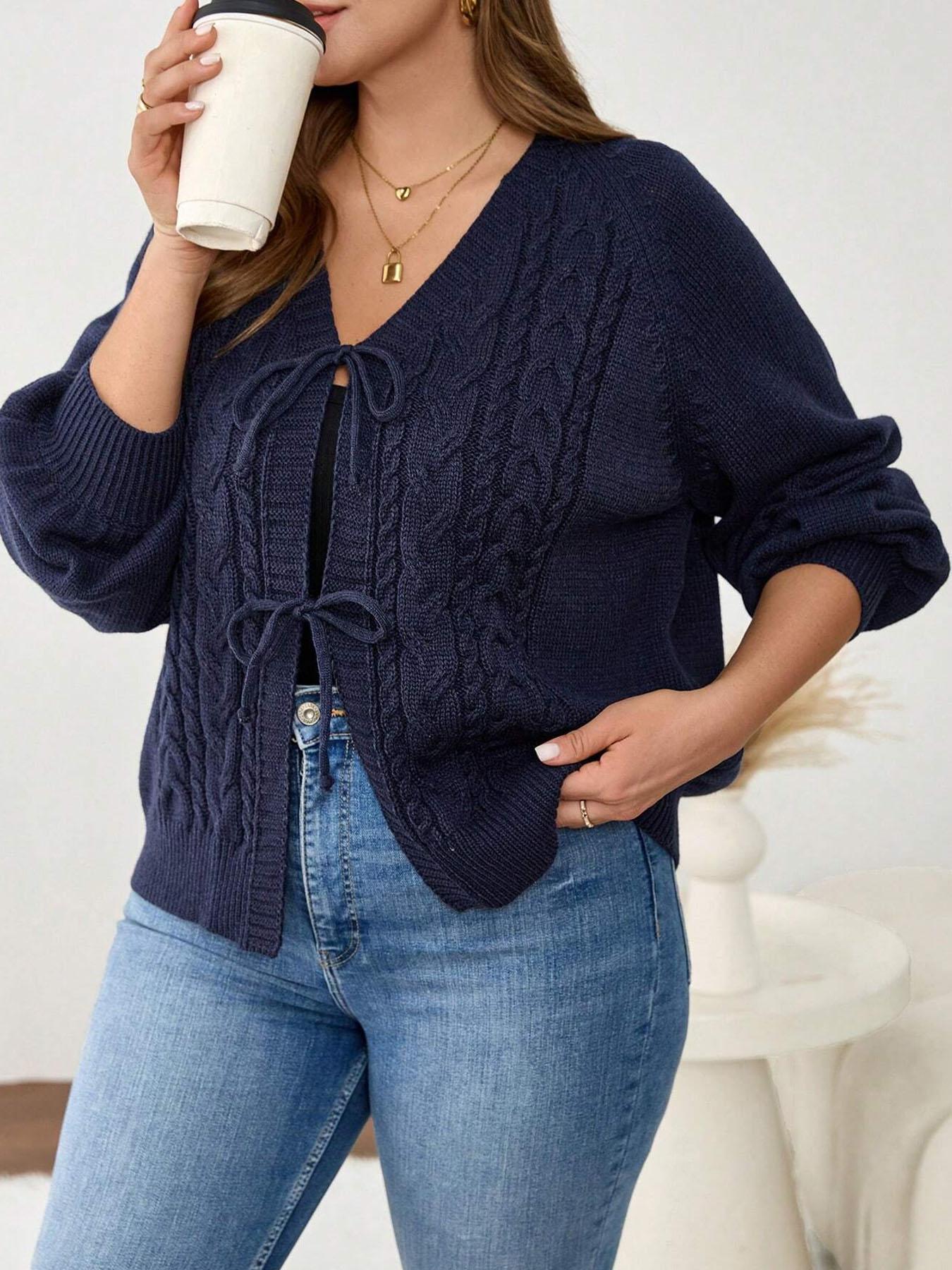Plus Size Women's Blue V Neck Knit Cardigan Knitwear, Casual Long Sleeve Pullover, Fall & Winter Fashion, Comfortable Plain Design