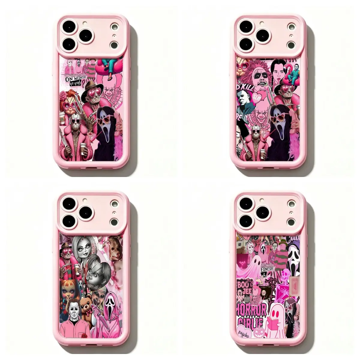TY-Pink Coquette Horror Movie Collage Phone Case, Ghostface Chucky Michael Myers Shockproof Silicone Protective Cover For iPhone 11 12 MINI 13 MINI 14 15 16 17 Air Pro Max for Samsung S26 S25 S24 S23 S22 S21 Case,Gift For Fans, Halloween Gift