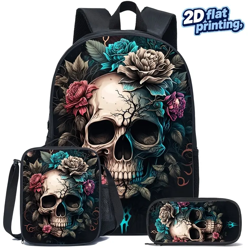 2D Flat Printing, Trendy Skull Pattern Backpack, Large Capacity Casual Rucksack, for Teenager, For Teenager