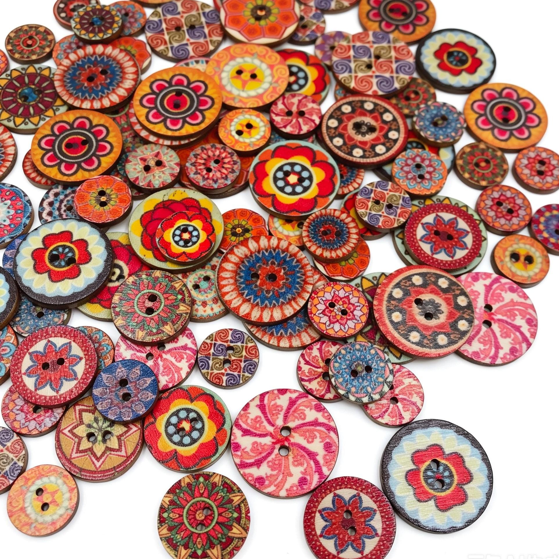 Bohemian Wood Buttons 50pcs, Vintage Floral Print, Handmade DIY Crafts, Home Decor, Jewelry Making, Scrapbooking, Wall Art