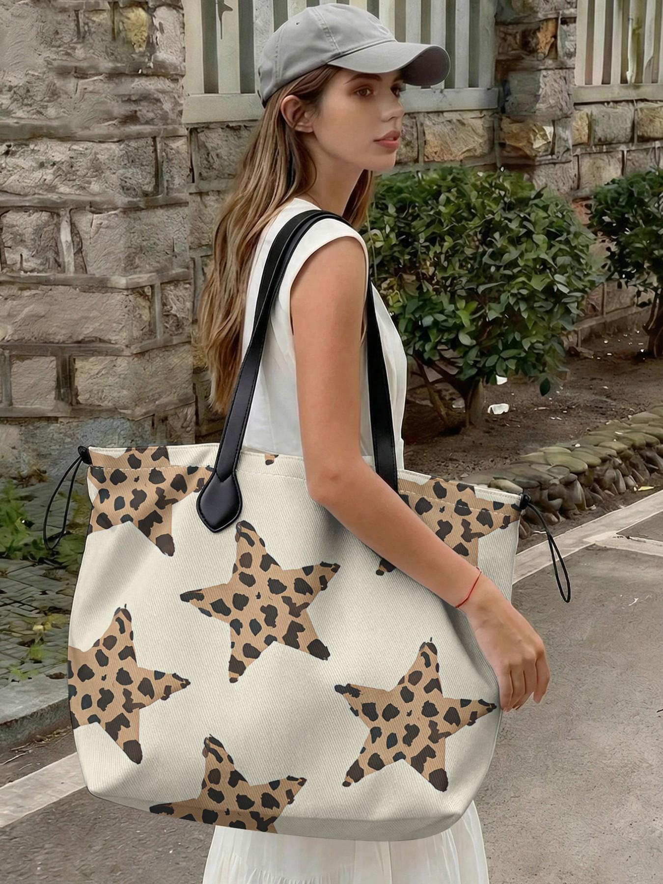 Leopard Print 2D Star Pattern Drawstring Tote Bag, Large Capacity Durable Shopping Bag for Work, Shopping and Picnics