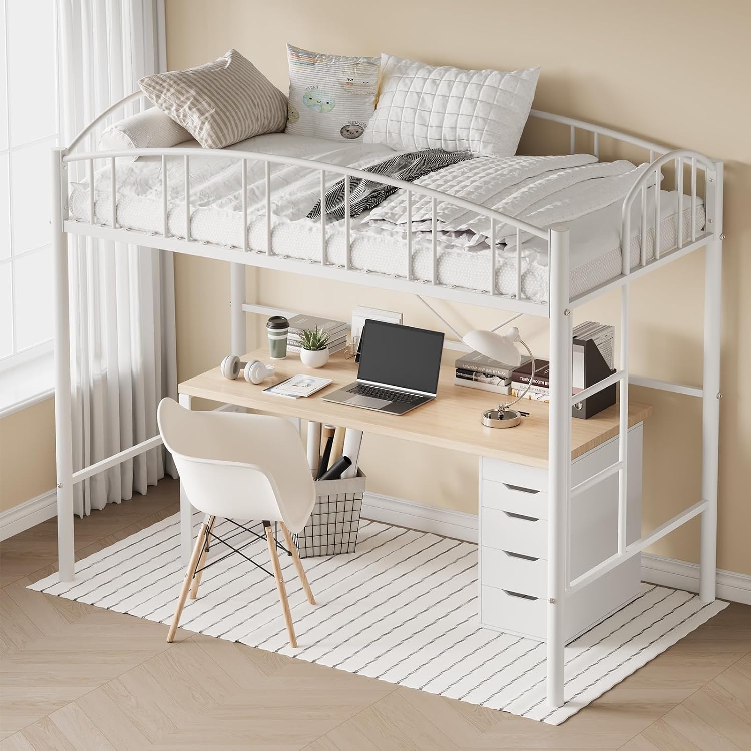 Loft Bed Twin Size, Heavy Duty Metal Loft Bed Frame with Arched Guardrail and Safety Ladder, Space-Saving, No Box Spring Needed Loft Bed Twin Size, Heavy Duty Metal Loft Bed Frame with Arched Guardrail and Safety Ladder, Space-Saving, No Box Spring Needed