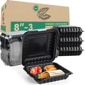 Food Containers Mineral Filled PP Plastic 55 Pack 34oz 8 Inch Shrink Wrap BPA Free Lunch Boxes Freezer & Microwave Safe for Meal Prep Black 3 Compartment Disposable Takeout Container
