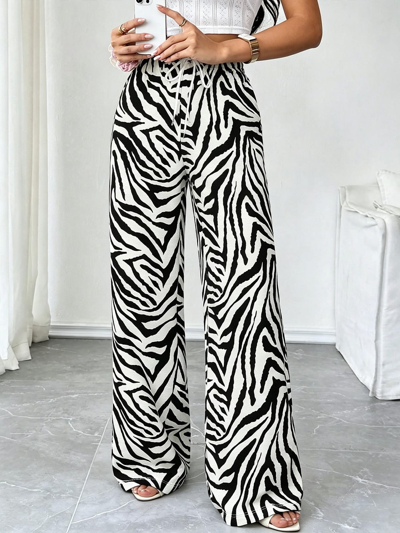 Women's Zebra Print Drawstring Adjustable Wide Leg Pants, Elastic Waist with Pockets, Casual All-Season Comfortable Fashion, Daily Wear