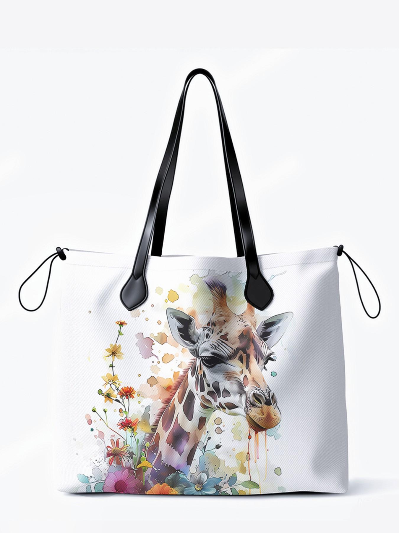 Giraffe Pattern Drawstring Stylish Tote Bag, Large Capacity Shopping Bag, Durable and Wear-Resistant, Random Print, All Seasons Use