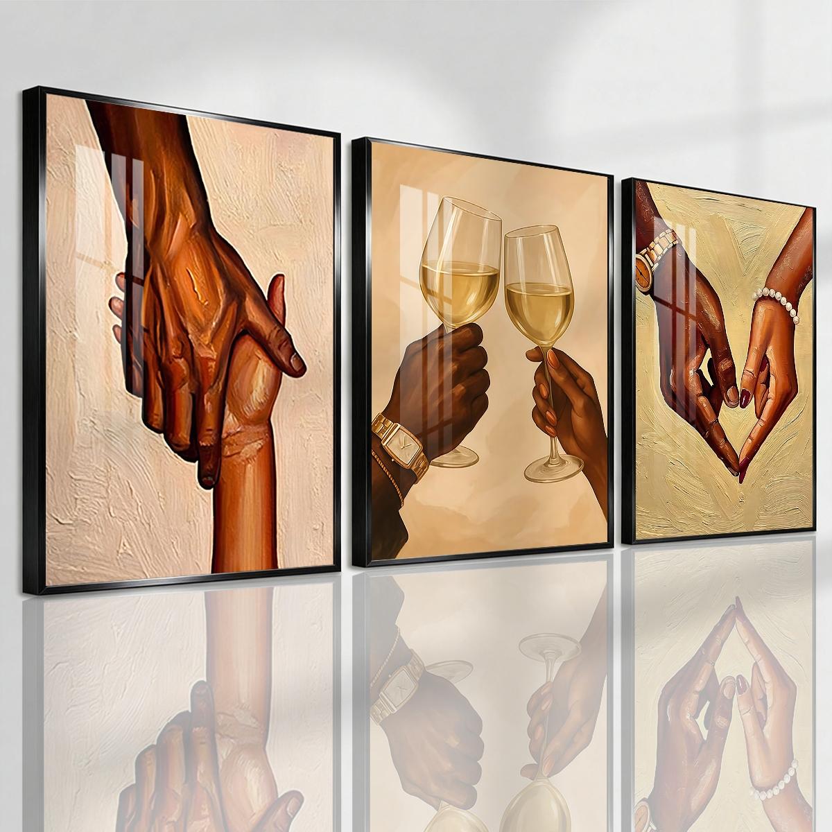 3 Counts Aluminum Alloy Framed Painting, Romantic Couple Hands And Wine Glass Canvas Art, Home Decoration For Living Room, Bedroom, Office, Restaurant, Hallway Wall Decor, Odorless Print Artwork, Luxury Perfect Gift For Friends And Family