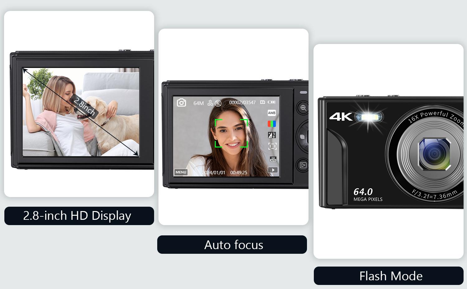 Multi-functional 4K & 64MP Digital Camera, Auto Focus Digital Camera, 16x Digital Zoom Cameras, Compact & Portable Mini Camera with 2.8" IPS Screen, 32G Memory Card and 1200 mAh Battery for Teens & Beginners, Seniors, Perfect Gifts for Halloween Outdoorfu