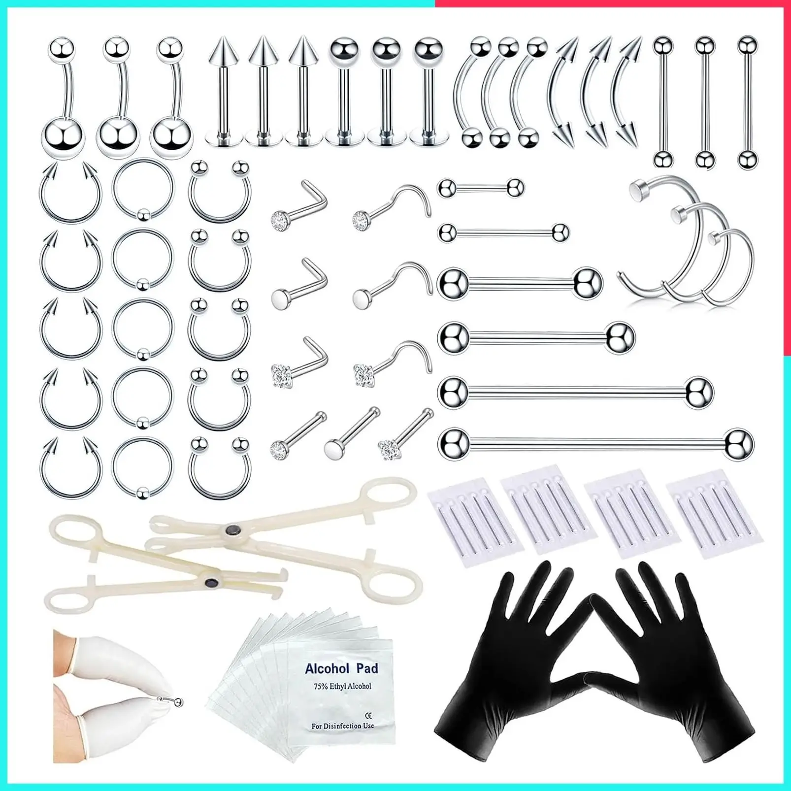 80PCS Nose Piercing Kit with 12G 14G 16G 20G Needles for Ear Nose Lip Eyebrow | 316L Stainless Steel Body Piercing Jewelry, E.O. Gas Sterilized Tools, Gloves & Cleaning Pads for Home or Salon Use