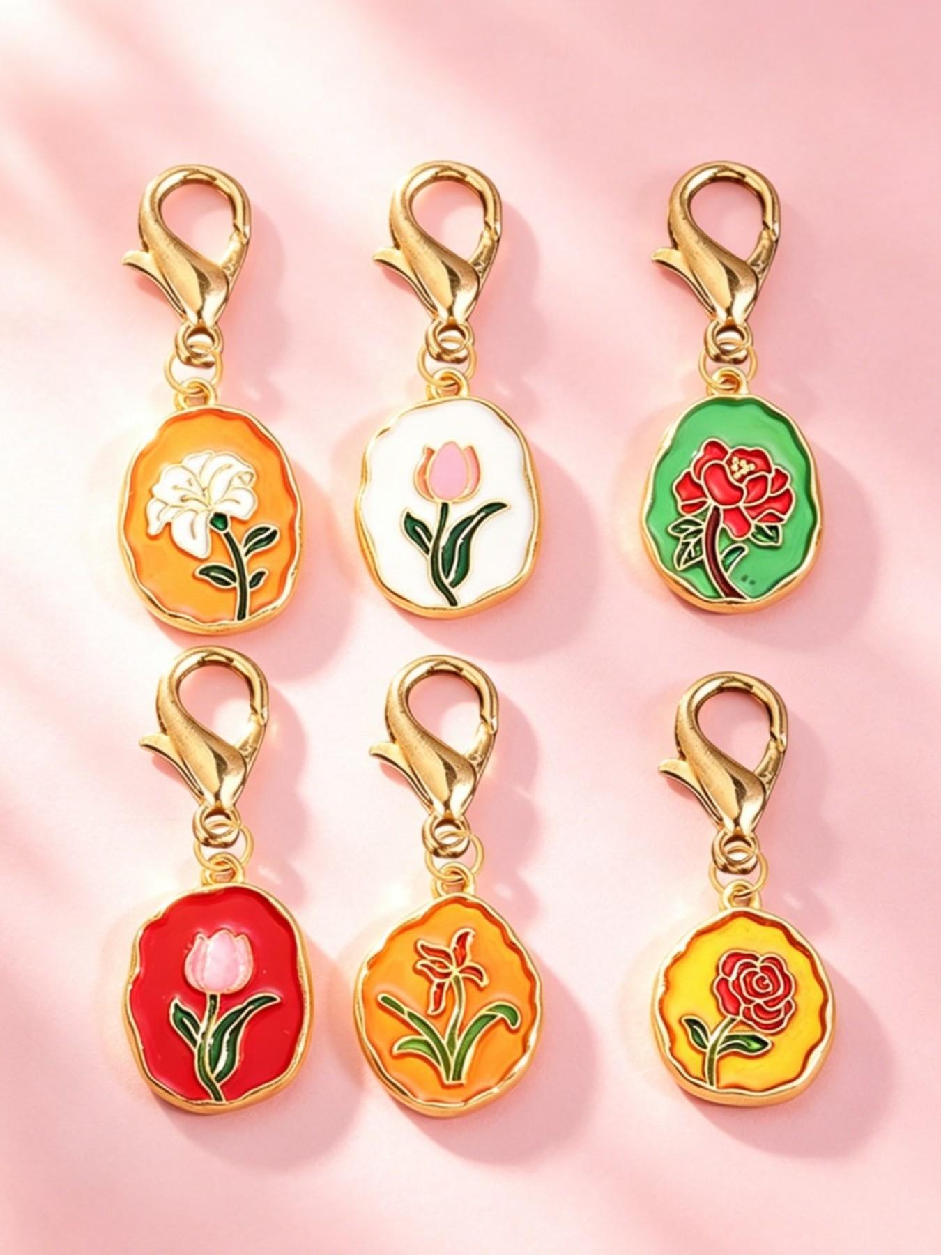 6pcs/12pcs Random Color Alloy Enamel Tulip Pendant, Vibrant Flower Keychain for Bags Set, Cute Bag Charm for Women, Fashion Accessory, Elegant Key Ring