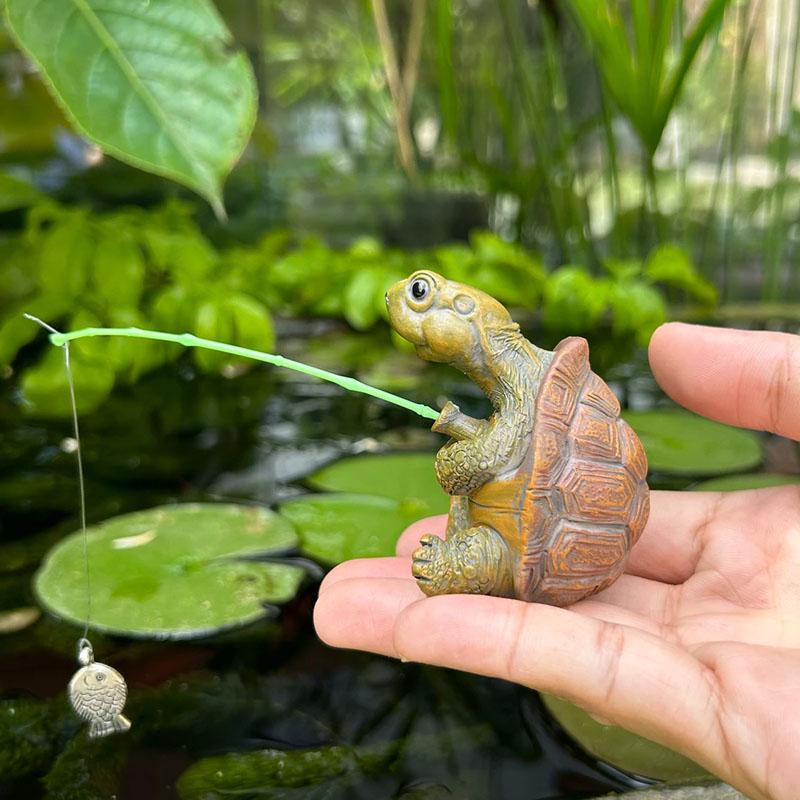 Cute Fishing Turtle Figurine, Outdoor Garden Pond Decor, Yard Balcony Plant Ornament, Adorable Water Pool Decoration