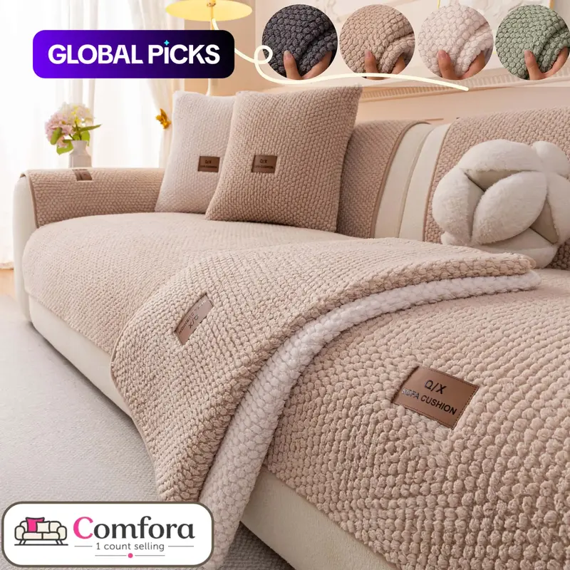Solid Color Plush Couch Cover, Soft Chenille with Multi-Color Options, Washable Couch Covers Non-Slip Pet-Friendly Machine Washable Furniture Protector Mat for Sectional, Loveseat & 3-Seater #GLOBAL PICKS