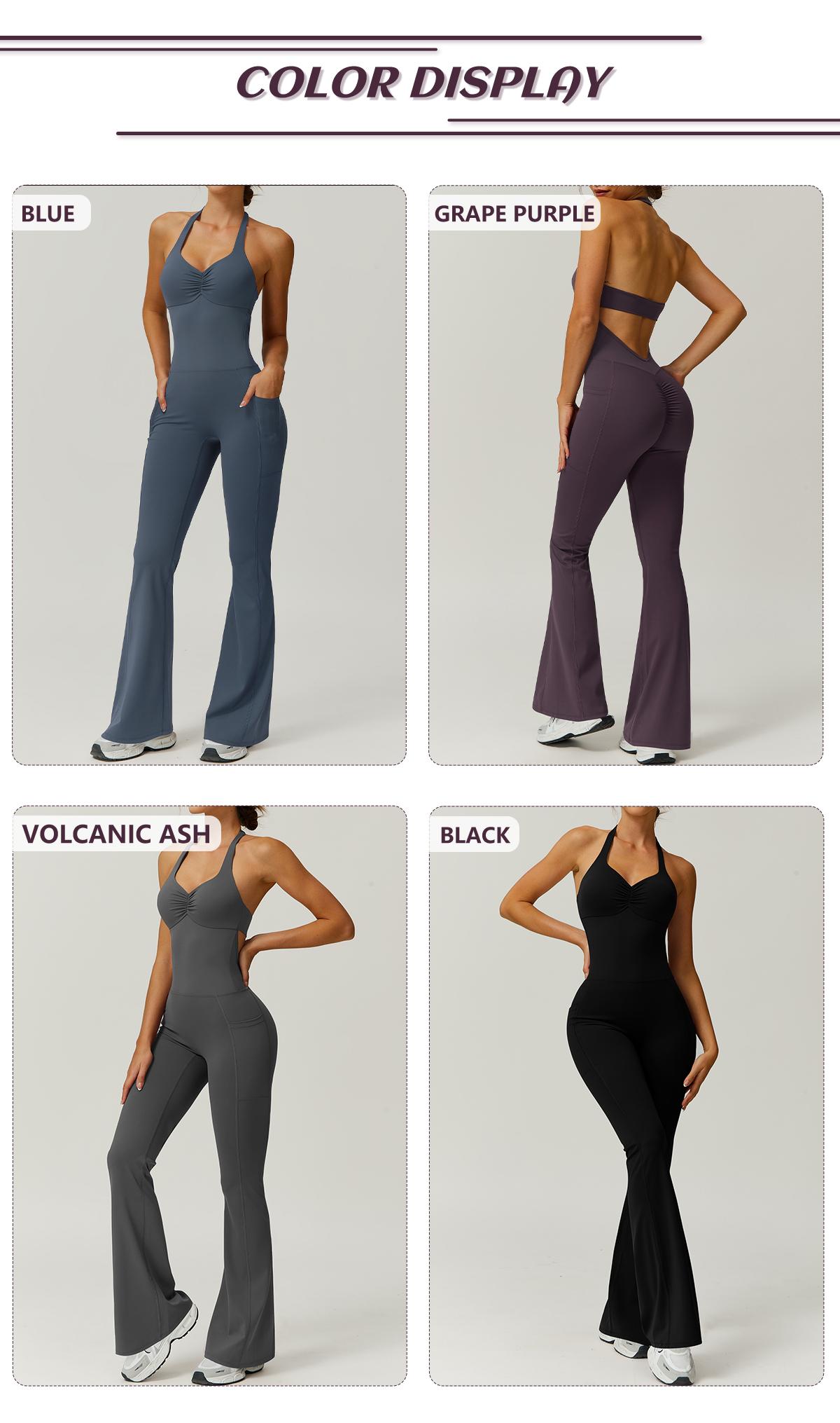 TimeOFF Women's Halter Neck Jumpsuit , Folded Chest, Flared Legs, Butt-Lifting Design , Yoga, Gym & Outdoor Activewear Fitness Outfits Workout Apparel, Solid Color Jumpsuit, Sportswear Jumpsuits
