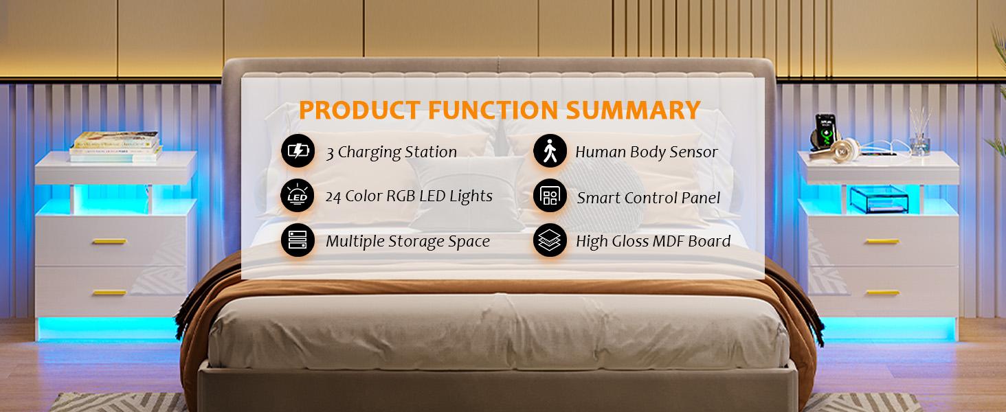 Vlsrka RGB LED Night Stand with Wireless Charging Station, Modern Bedside Table with Human Body Sensor Light for Bedroom Furniture Vlsrka RGB LED Night Stand with Wireless Charging Station, Modern Bedside Table with Human Body Sensor Light for Bedroom Furniture
