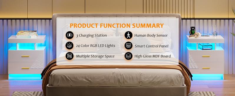 Vlsrka RGB LED Night Stand with Wireless Charging Station, Modern Bedside Table with Human Body Sensor Light for Bedroom Furniture
