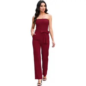 Strapless Tube Top Rompers Casual Smocked Jumpsuit with Waist Tie for Cocktail Party Wedding or Formal Event