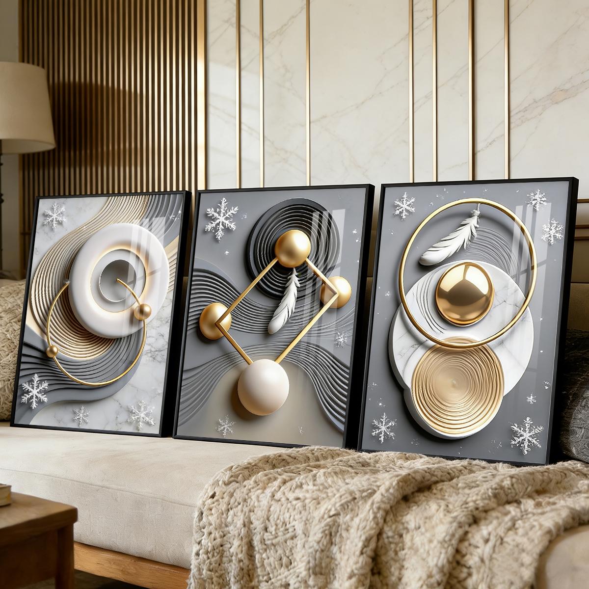 3 Counts Aluminum Alloy Framed Painting, Abstract Geometric Gold Feather Art Pictures, Home Decoration For Living Room, Bedroom, Office, Restaurant, Hallway Wall Decor, Odorless Print Artwork, Luxury Perfect Gift For Friends And Family