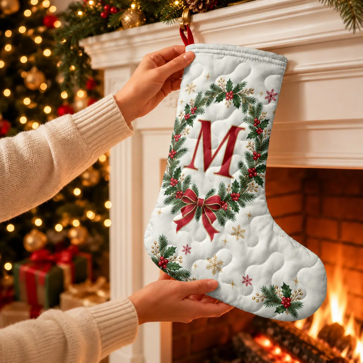 1pc 14 Inch Quilted Initial Christmas Stocking, A-Z 26 Letter Options for Family Last Names, White with Red and Gold Monogram, Holly Wreath, Bow and Snowflake Design, Fireplace Mantel and Holiday Family Party Decor, Holiday Gift