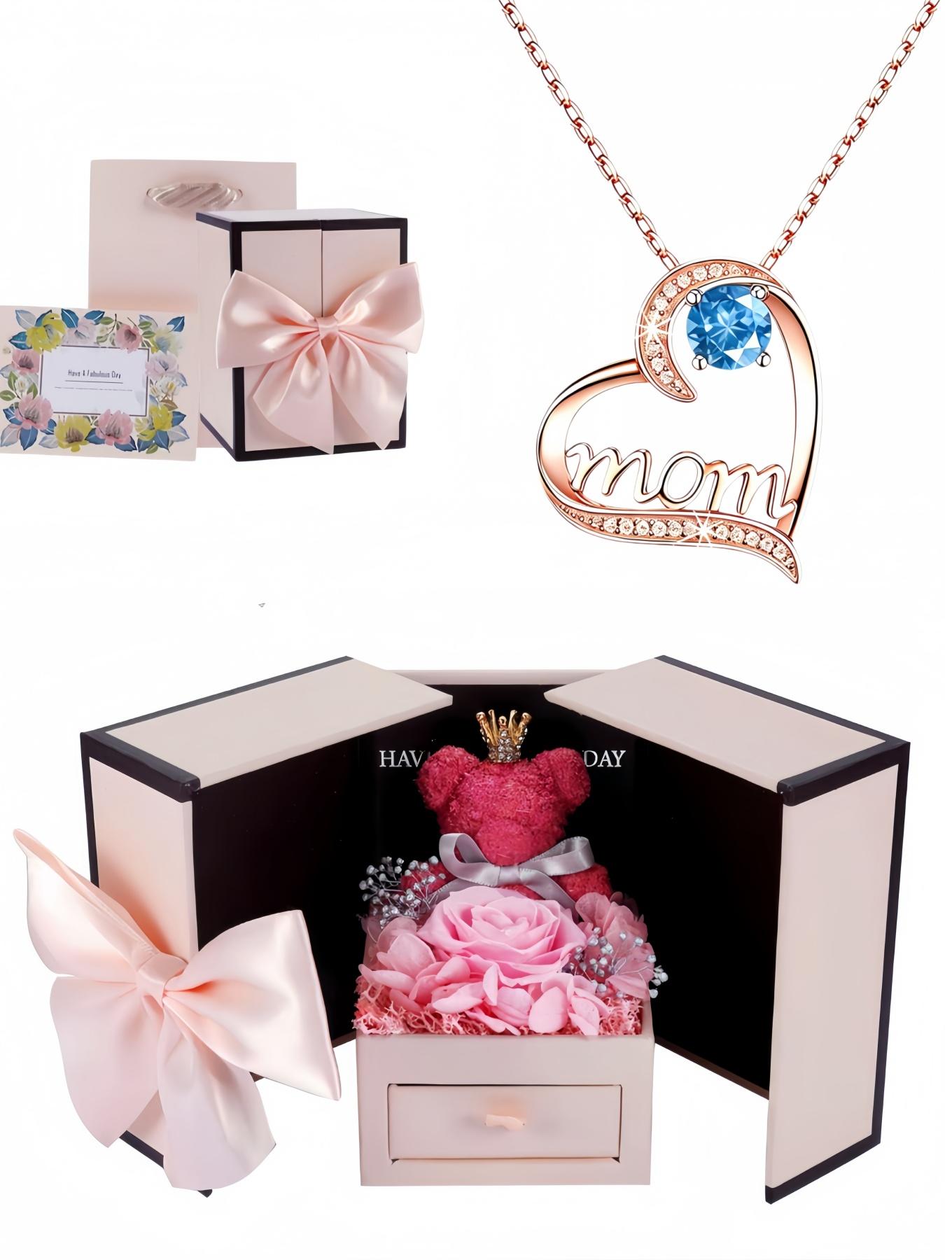 Eternal Maternal Love • Mother's Day Necklace Heart-shaped MOM rose gold gem necklace, light luxury & high-end.Paired with a preserved rose & teddy bear jewelry gift box.Perfect mysterious gift for birthdays, Valentine’s Day, Mother’s Day and Christmas.