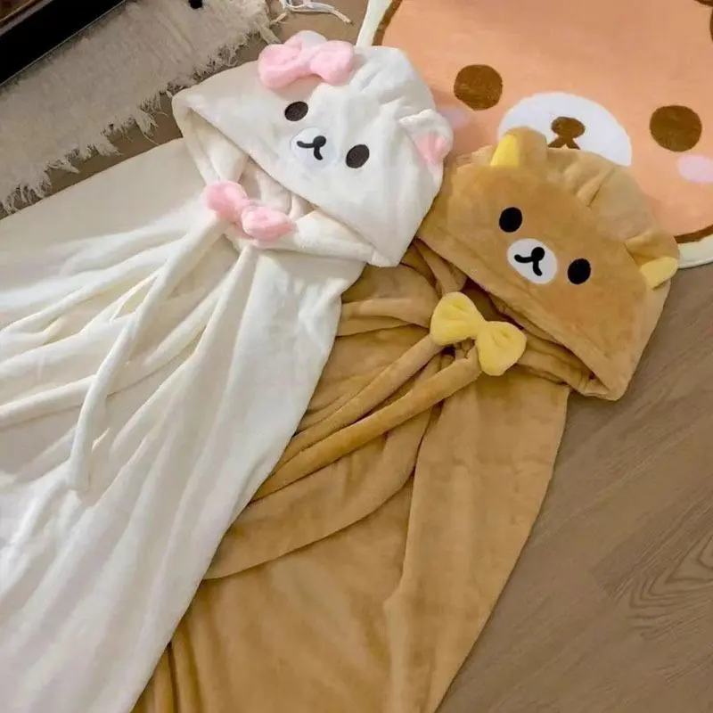 Kawaii Rilakkuma Warm Bear Brother Bear Sister Cloak Hooded Shawl Office Nap Blanket Relaxed Bear Blanket To Give Friends Gifts.
