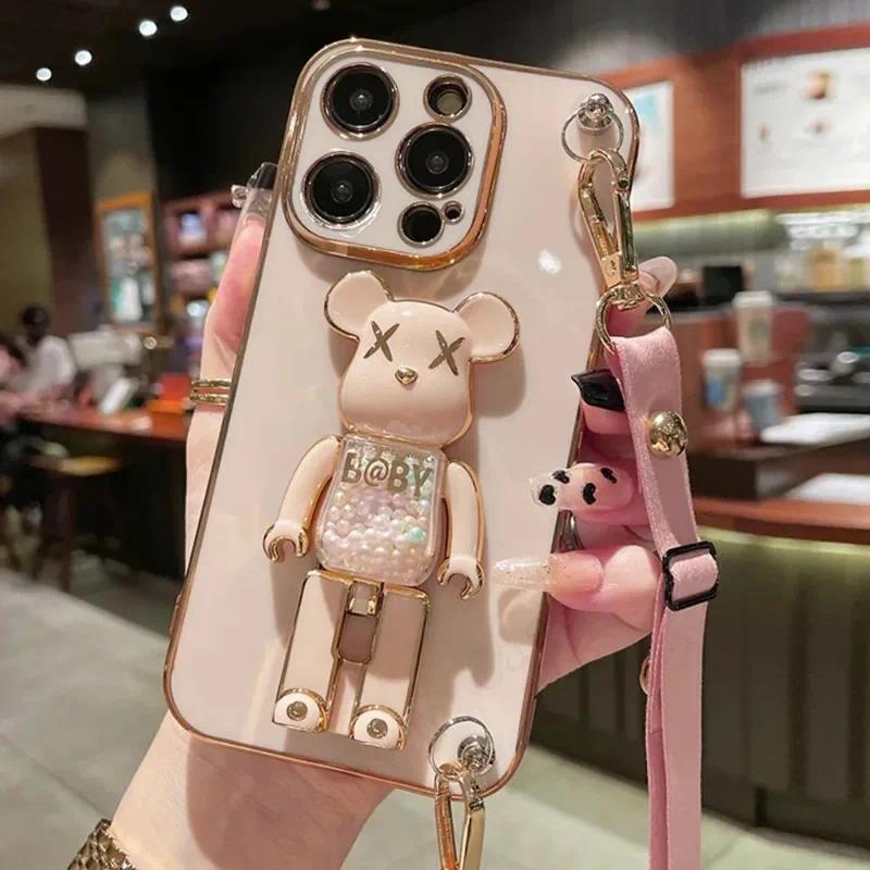 Plating Cover Quicksand Bear Stand Phone Case with Lanyard Strap, Ring & Dustproof Design for iPhone 15 14 13 12 11 Pro Max 7 8 Plus, Scratch Resistant