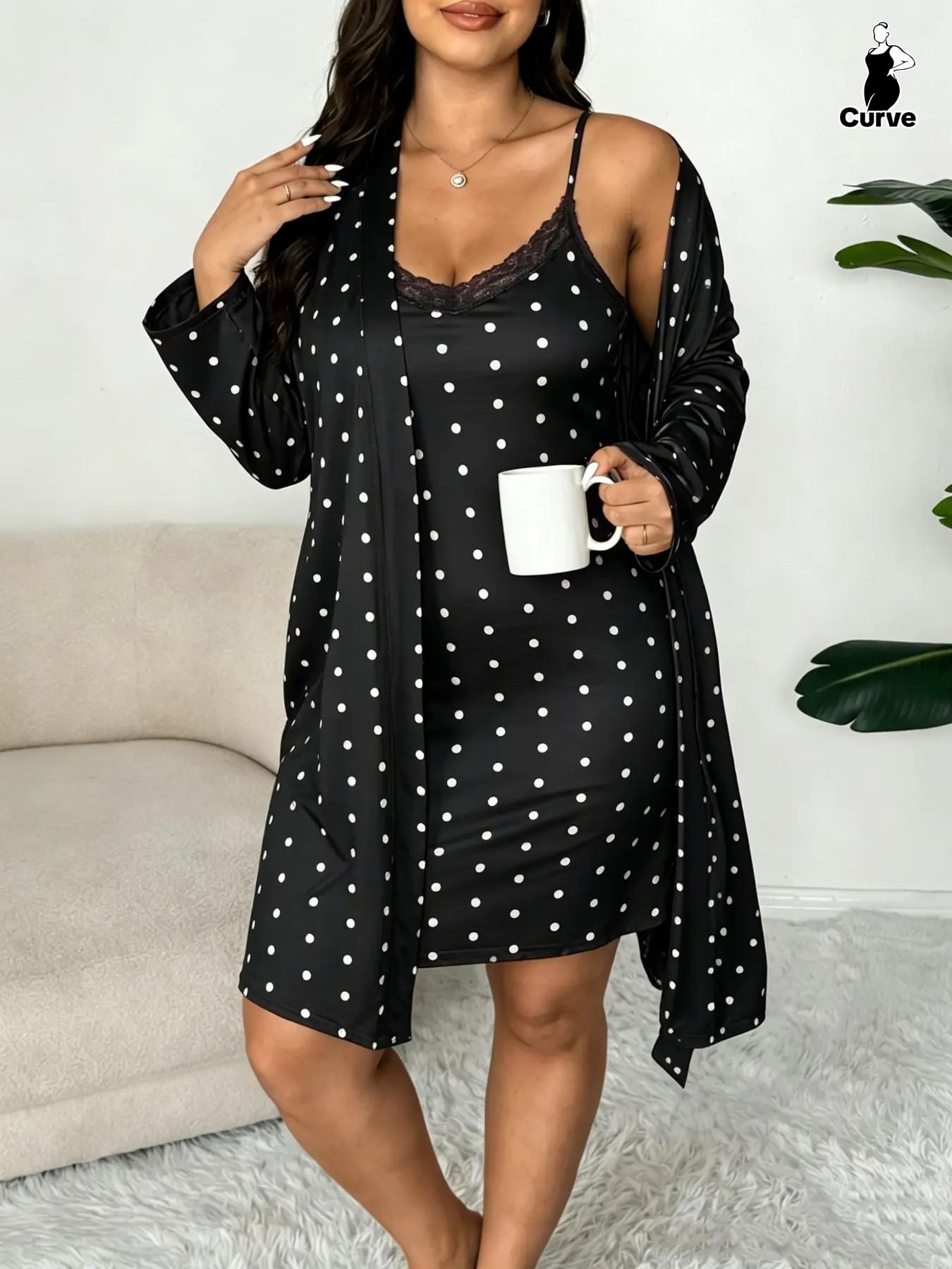 Plus Size Women's Nightwear Set, Floral Print Lace Nightdress + Long Robe, Comfortable Soft Home Sleepwear, Casual Fitted Style Plus Size Women's Nightwear Set, Floral Print Lace Nightdress + Long Robe, Comfortable Soft Home Sleepwear, Casual Fitted Style