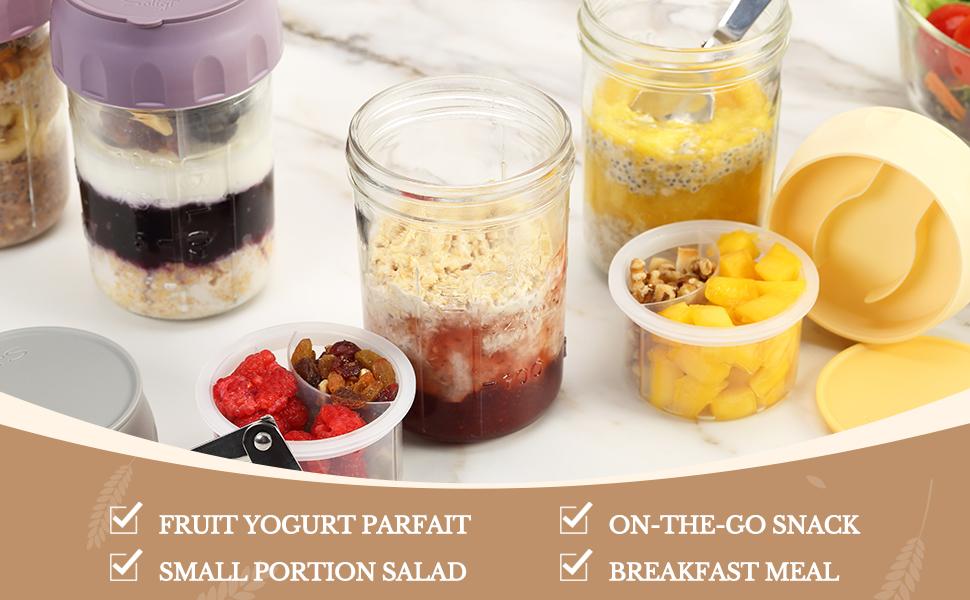 Soligt Overnight Oats Containers with Lids, Folding Spoons, and Divided Compartments for Fruit & Nuts, Small Glass 16oz Mason Jars for Oatmeal Yogurt Parfait Kitchen Utensils Portable Plastic Travel meal prep containers