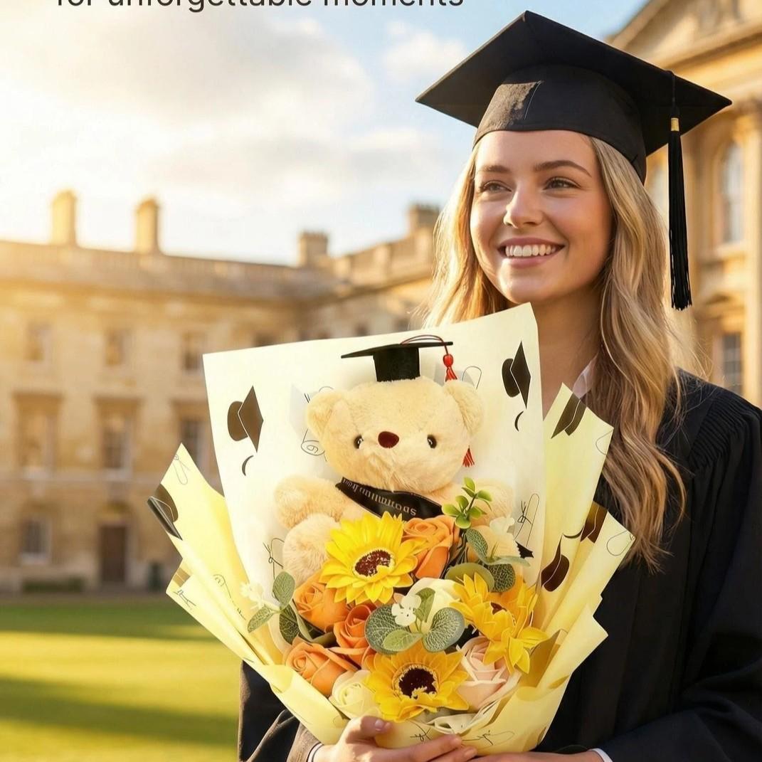 Graduation Teddy Bear Bouquet with Sunflower Soap Flowers, PhD Bear Plush Stuffed Animal in Window Gift Box, Artificial Floral Arrangement, Class of 2026 Gift for Friend