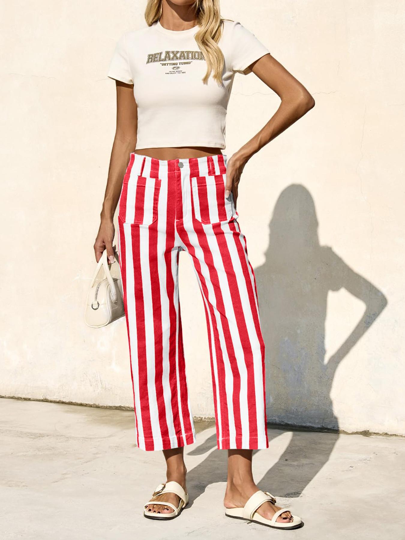 Aswulk Womens Cropped Striped Jeans Casual High Waisted Stretchy Straight Leg Denim Pants with Pockets