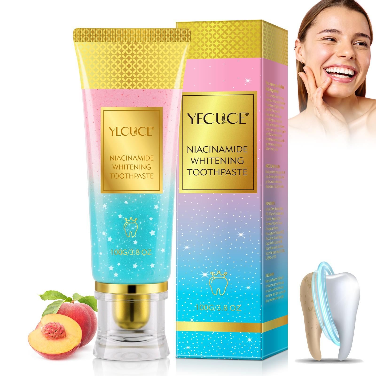 Yecuce Peach Scented Niacinamide Toothpaste, Fresh Breath, Basic Cleaning, Non-Flammable, No Ca Prop 65, Base Unit Count 1