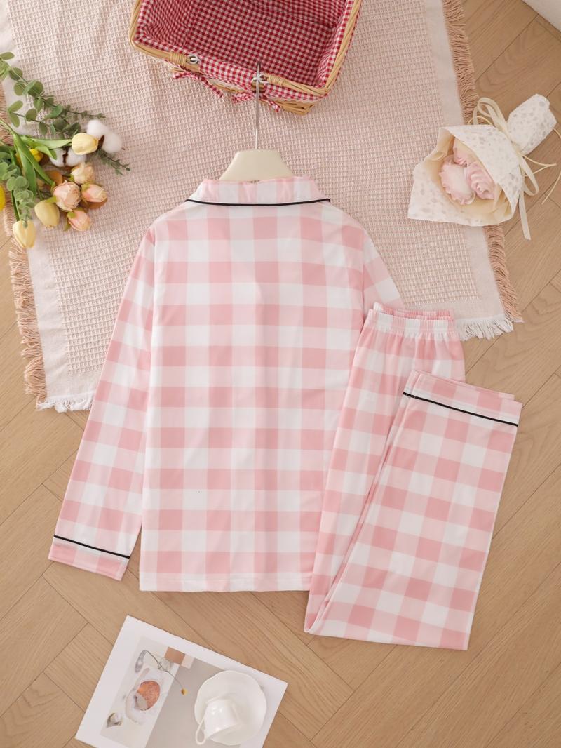 Two-piece Set Women's Heart/ Strawberry Print Pajama Set, Casual Comfy Long Sleeve Lapel Collar Top & Pants Pj Set, Ladies Sleepwear for Spring & Fall