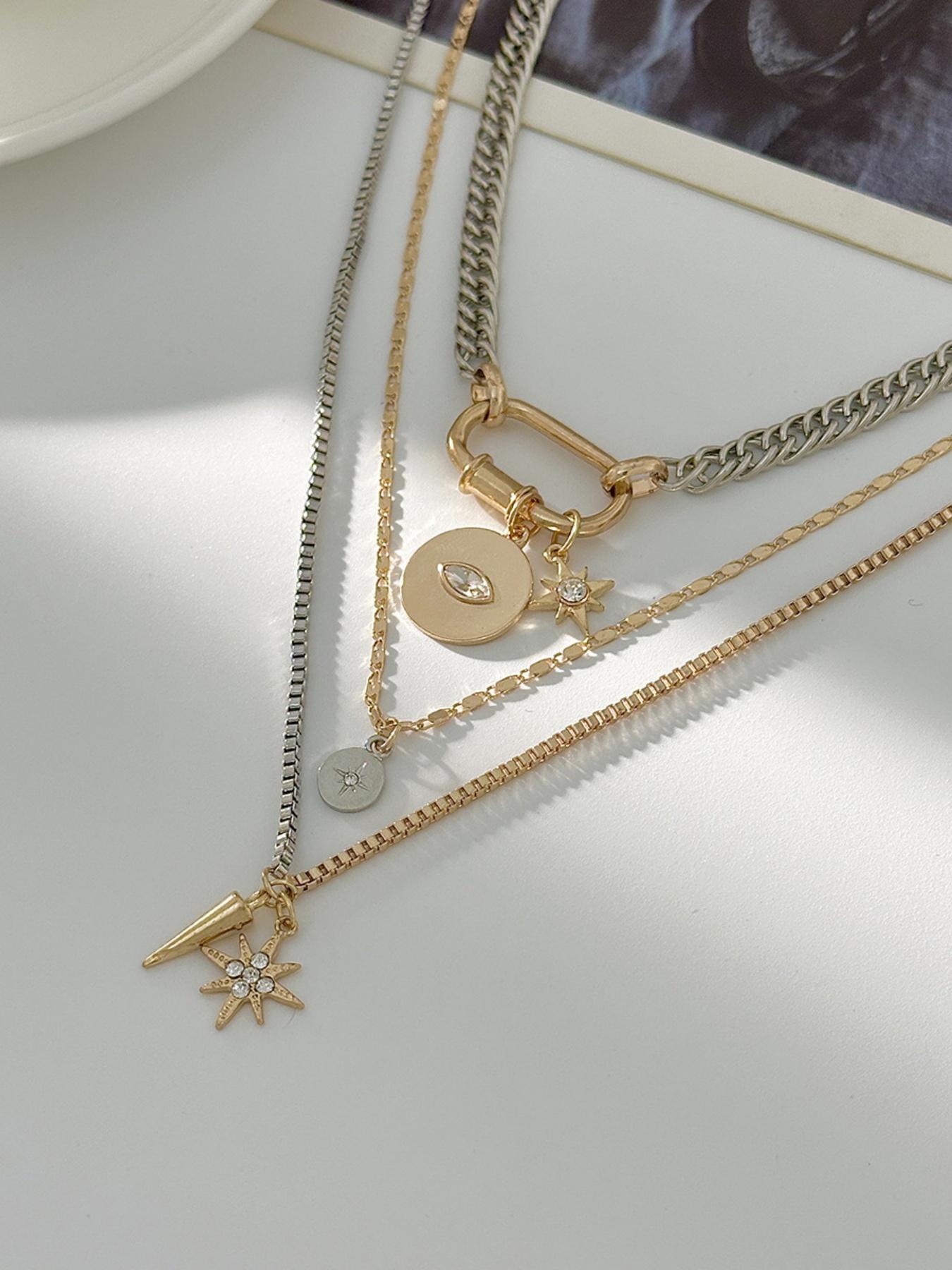 Elegant Multi-Layered Eye Pendant Necklace for Women, Fashionable Star Rivet Design, Alloy Material, All Seasons Jewelry Accessory, Charm Necklaces