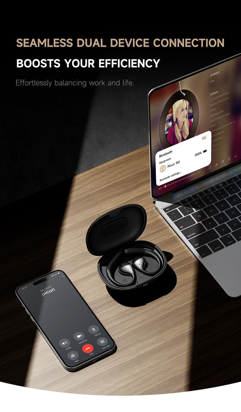 Picun T61 Wireless Bone Conduction Headphones, OWS Open Ear Earbuds with Earhooks, Bluetooth 5.4, Deep Bass, Lightweight & Sturdy, 25Hrs Playtime, IPX6 Waterproof, for Cycling Yoga Gym Workouts