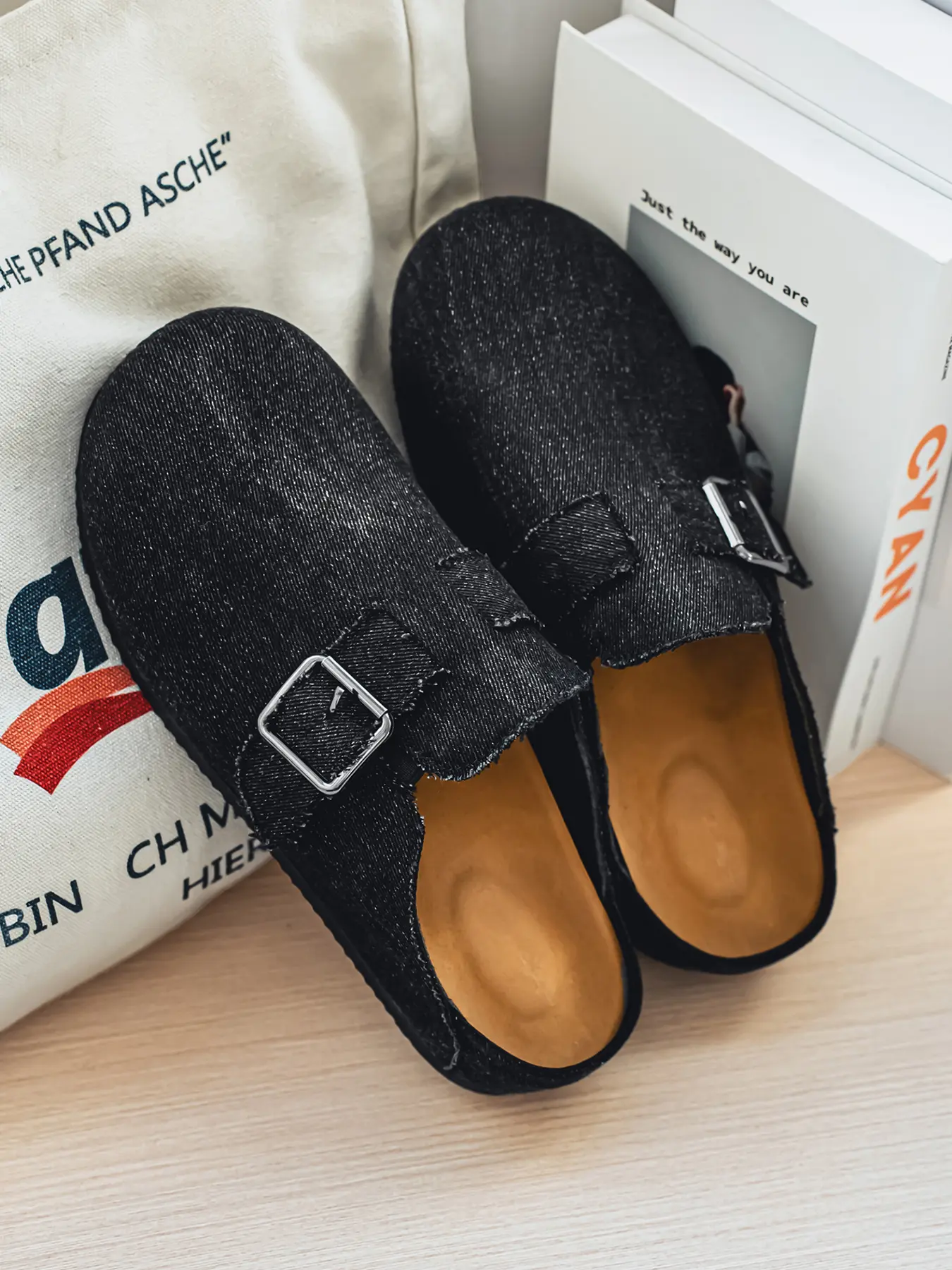 Men Women Vintage Denim Buckle Clog Mules, Backless Slip On Cork Footbed Slide Sandals, Casual Closed Toe Platform Walking Slippers For Outdoor Daily Wear