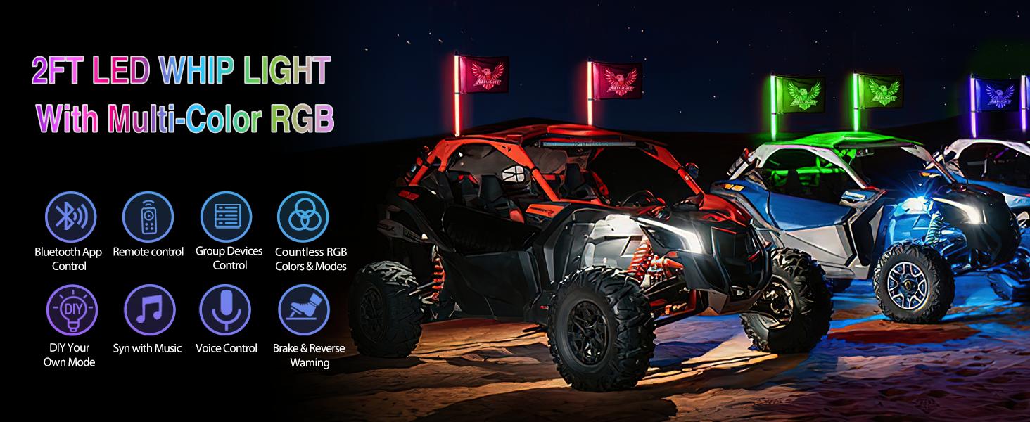Nilight 2PCS 2FT RGB LED Whip Light with Extra Stop Turn Reverse Light Remote & App Control, DIY Chasing Patterns Safety Antenna Lighted Whips for ATV UTV Decoration